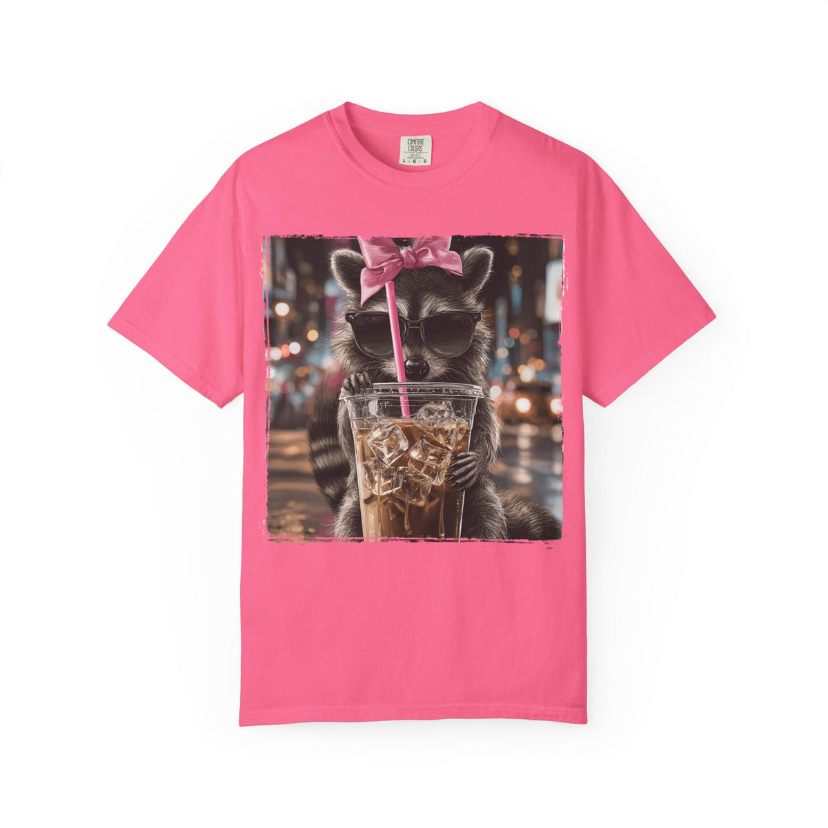 Raccoon Drinking Iced Coffee T-Shirt – Cute Nighttime City Vibe