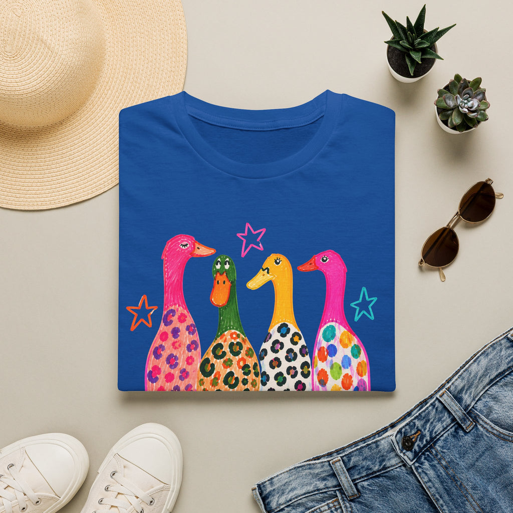 Colorful Patterned Ducks T-Shirt — Whimsical Rainbow Duck Graphic Tee