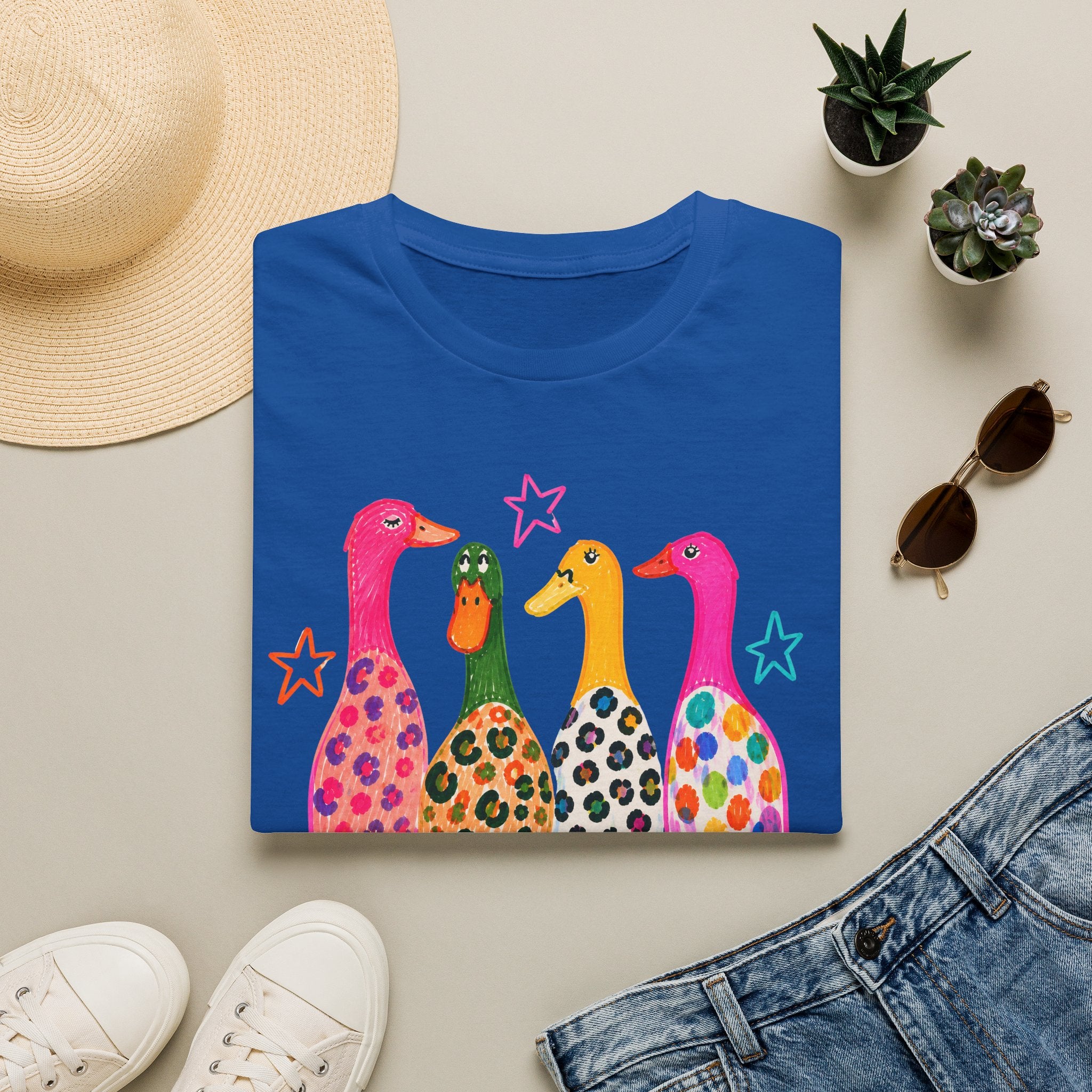 Colorful Patterned Ducks T-Shirt — Whimsical Rainbow Duck Graphic Tee