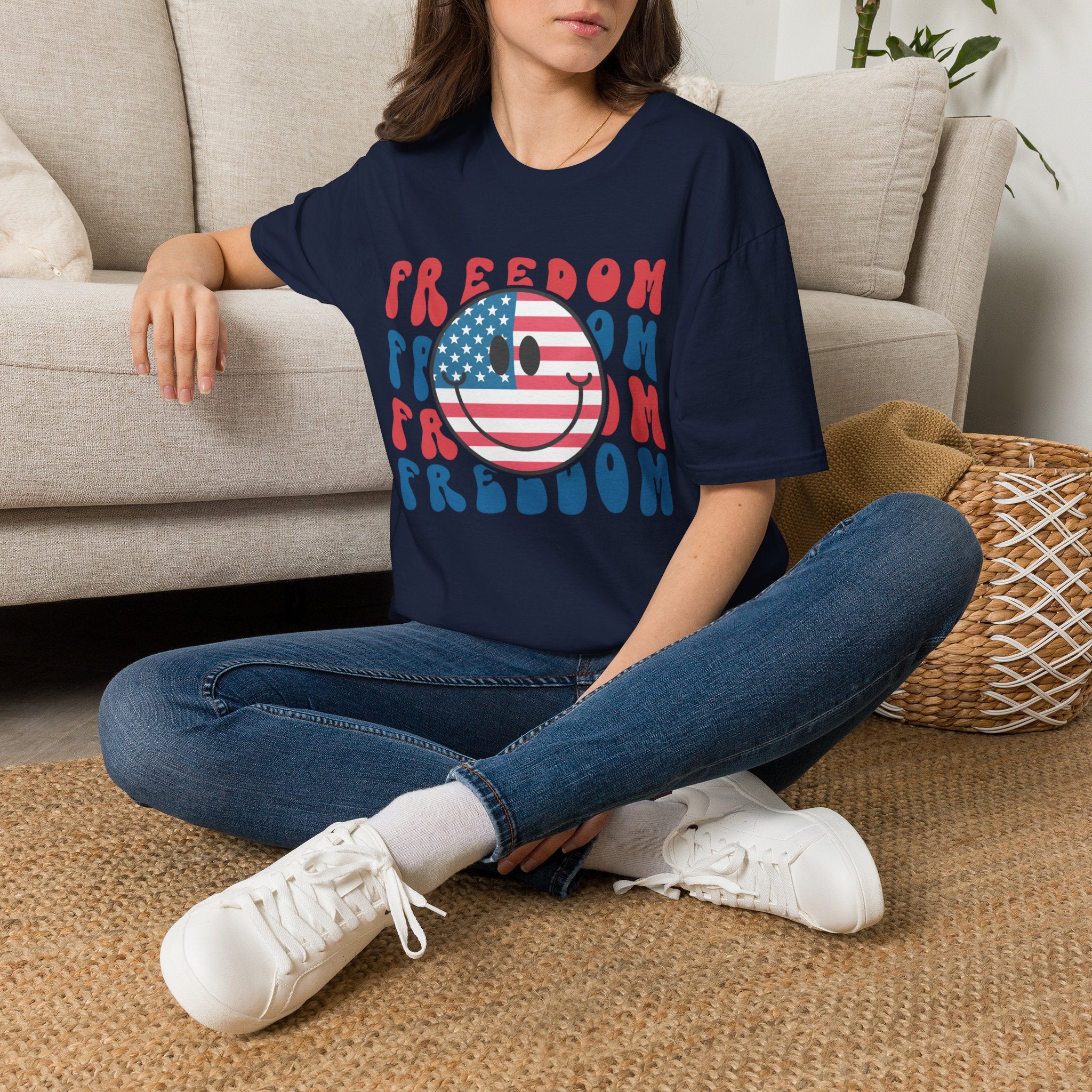 Freedom Smiley T-Shirt — American Flag Retro Graphic Tee for 4th of July