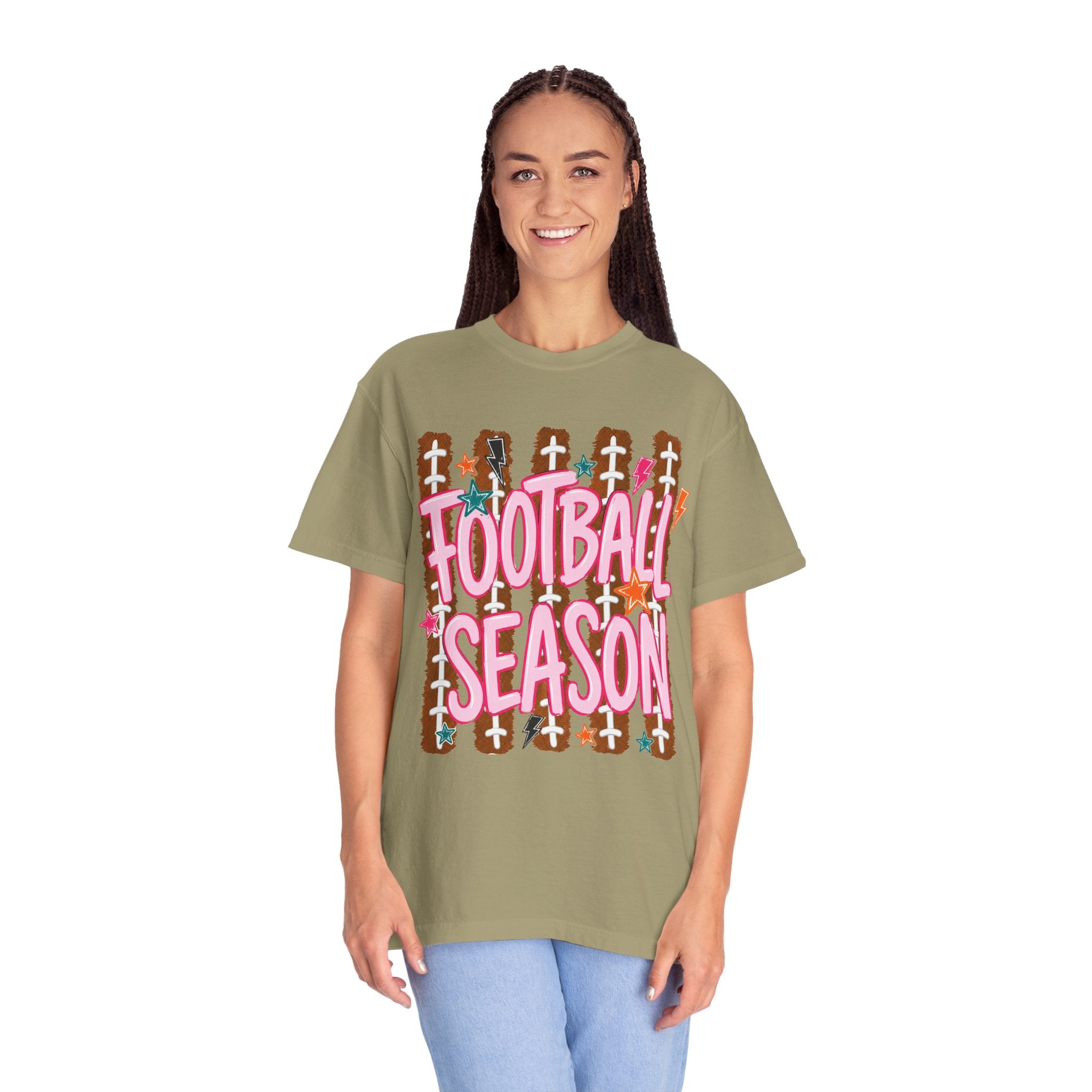 Football Season T-Shirt — Playful Pink Script on Football Field Graphic