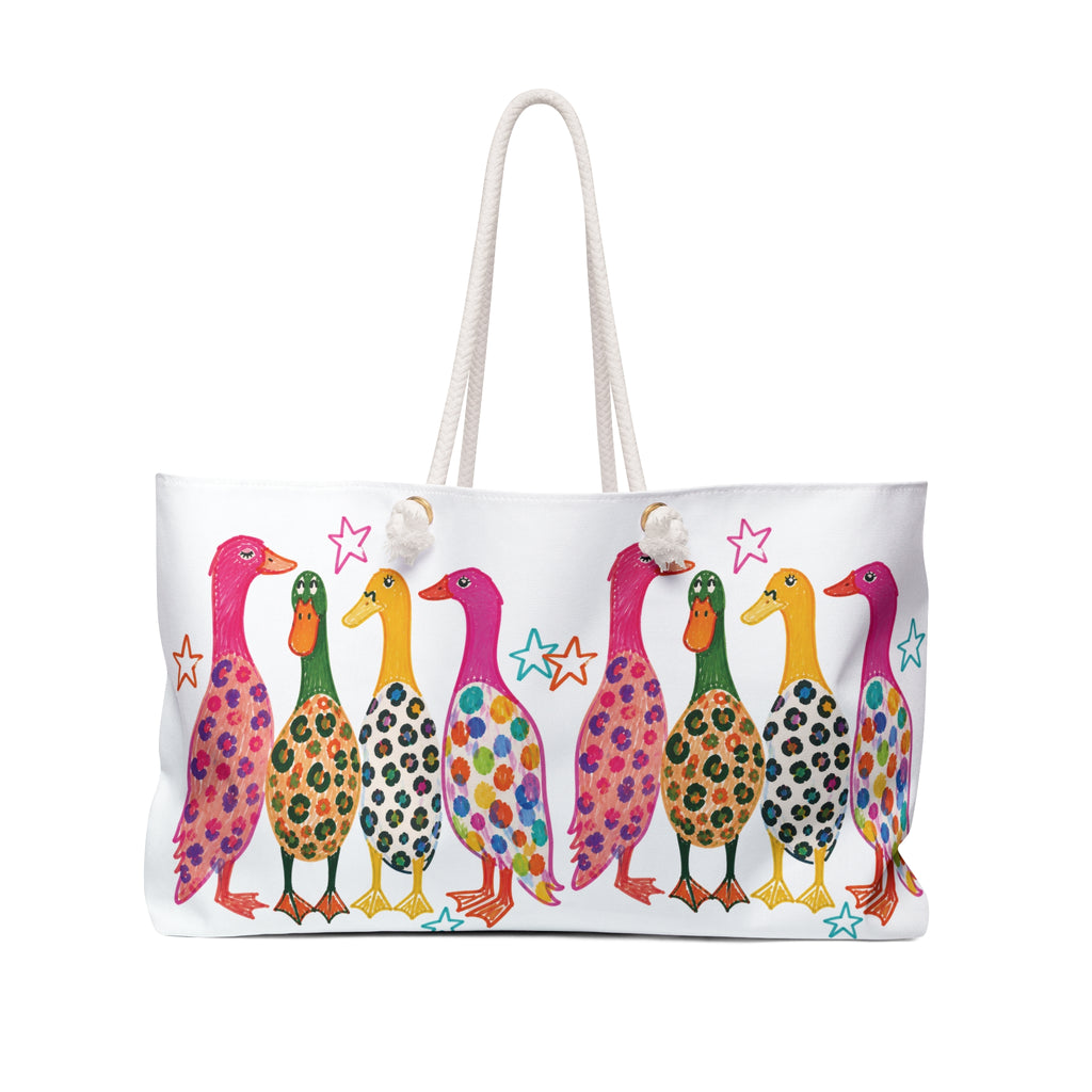 Colorful Duck Parade Weekender Bag — Whimsical Floral Pattern Travel Tote