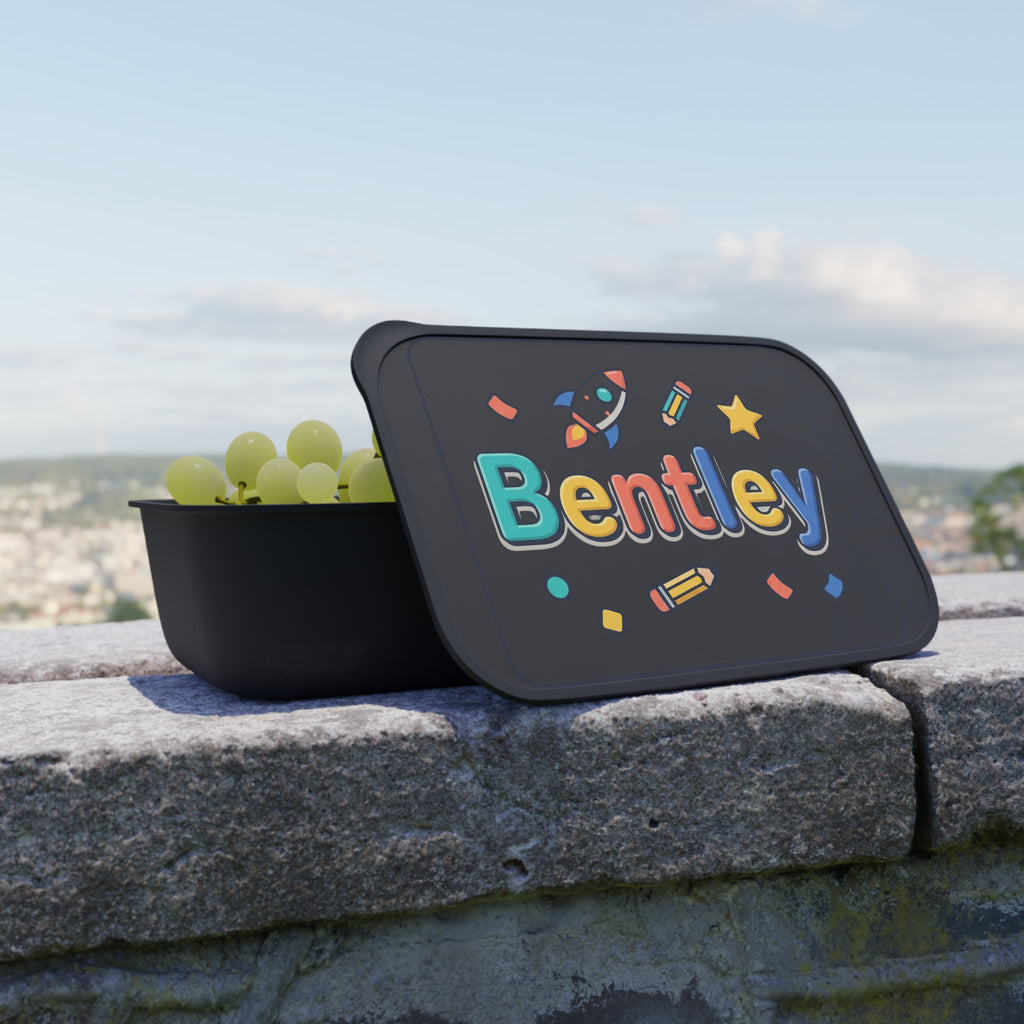 Kids' Personalized Bento Box with Utensils — Colorful Rocket & Pencil Name Design