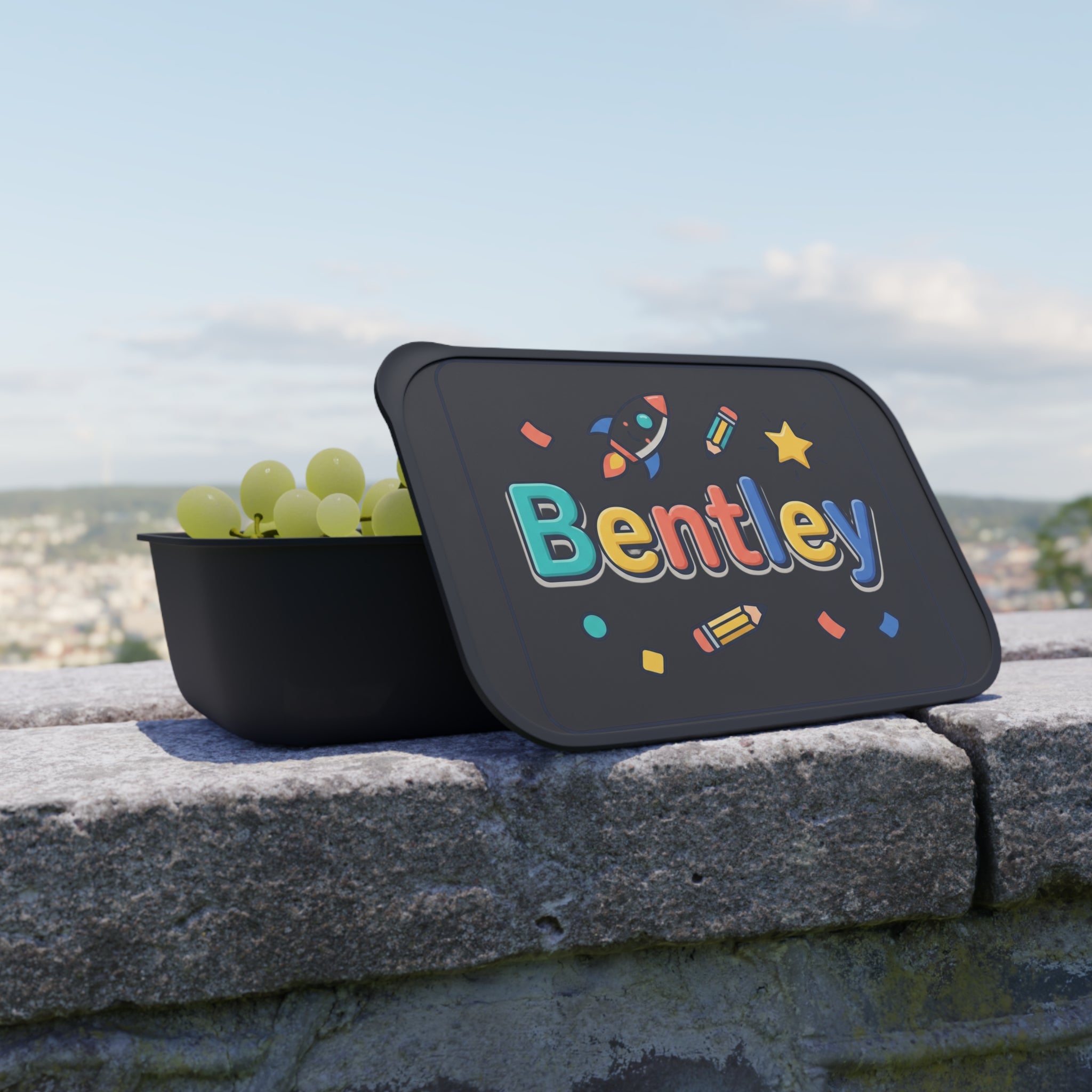 Kids' Personalized Bento Box with Utensils — Colorful Rocket & Pencil Name Design