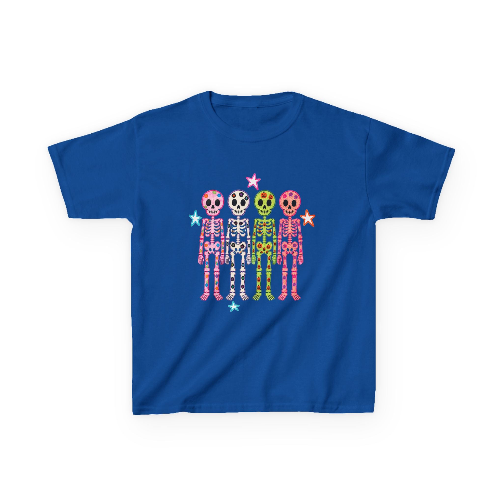 Kids Tee — Colorful Smiley Skeletons Graphic Shirt (Playful Star Design)