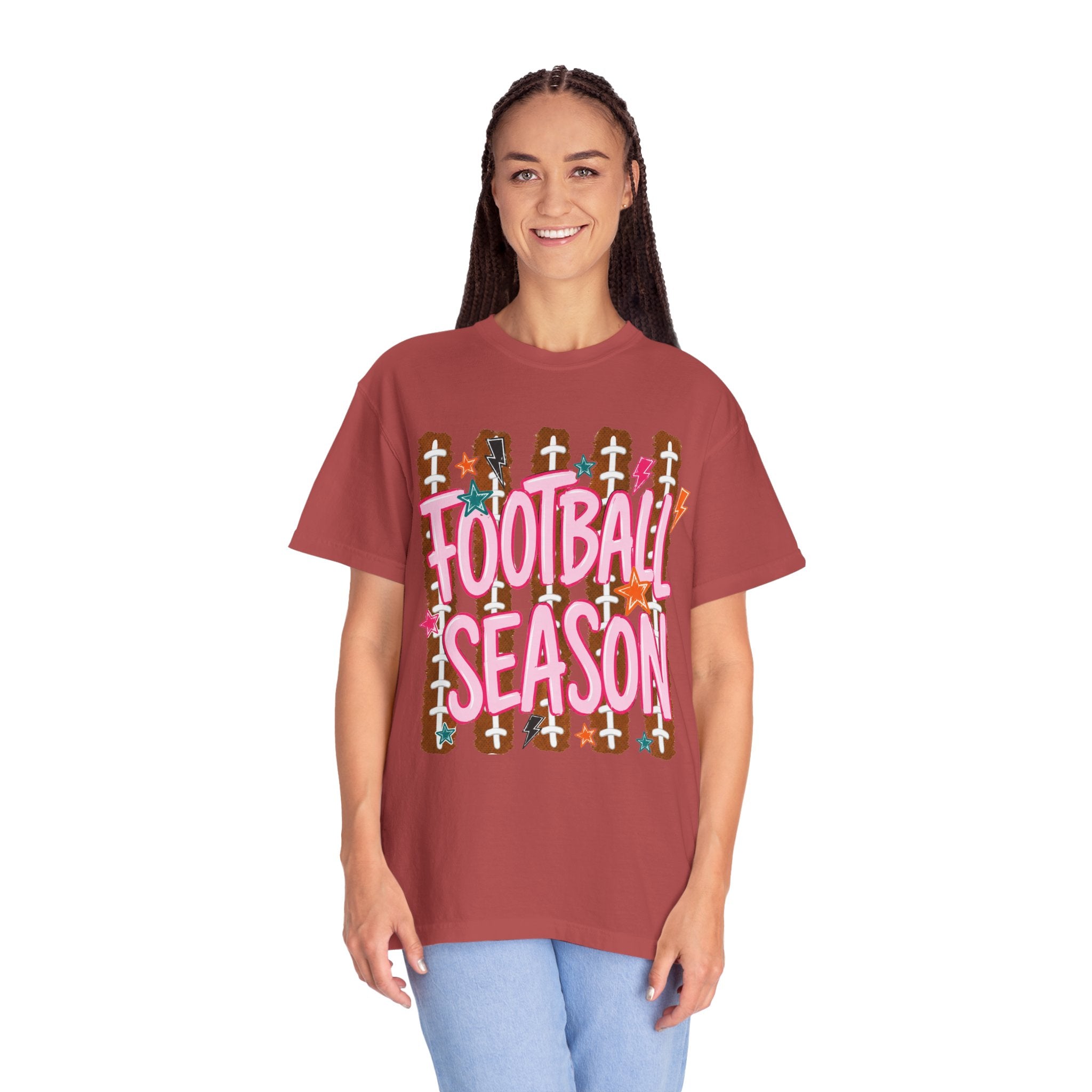 Football Season T-Shirt — Playful Pink Script on Football Field Graphic