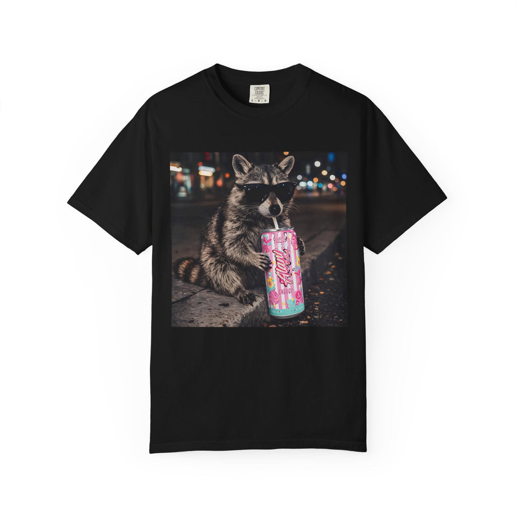 Raccoon Drinking Alani T‑Shirt — Funny Nighttime City Street Graphic Tee