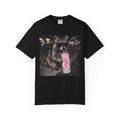 Raccoon Drinking Alani T‑Shirt — Funny Nighttime City Street Graphic Tee