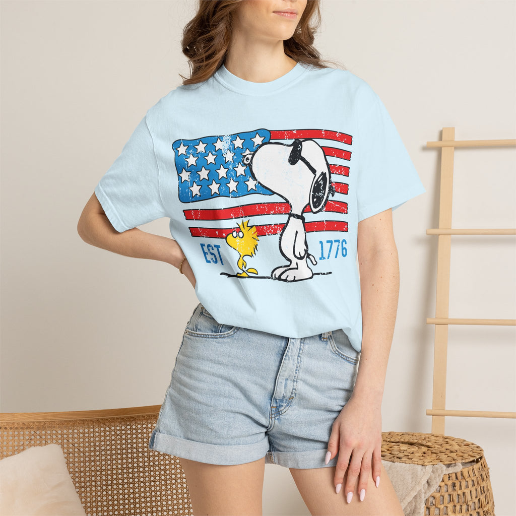 Snoopy & Woodstock American Flag T-Shirt — EST 1776 Patriotic Tee
