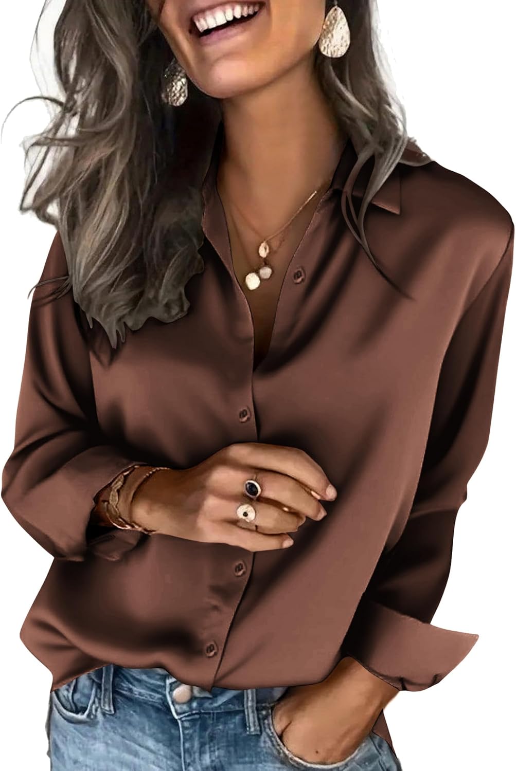 Silk Satin Long Sleeve Button-Down Blouses for Women
