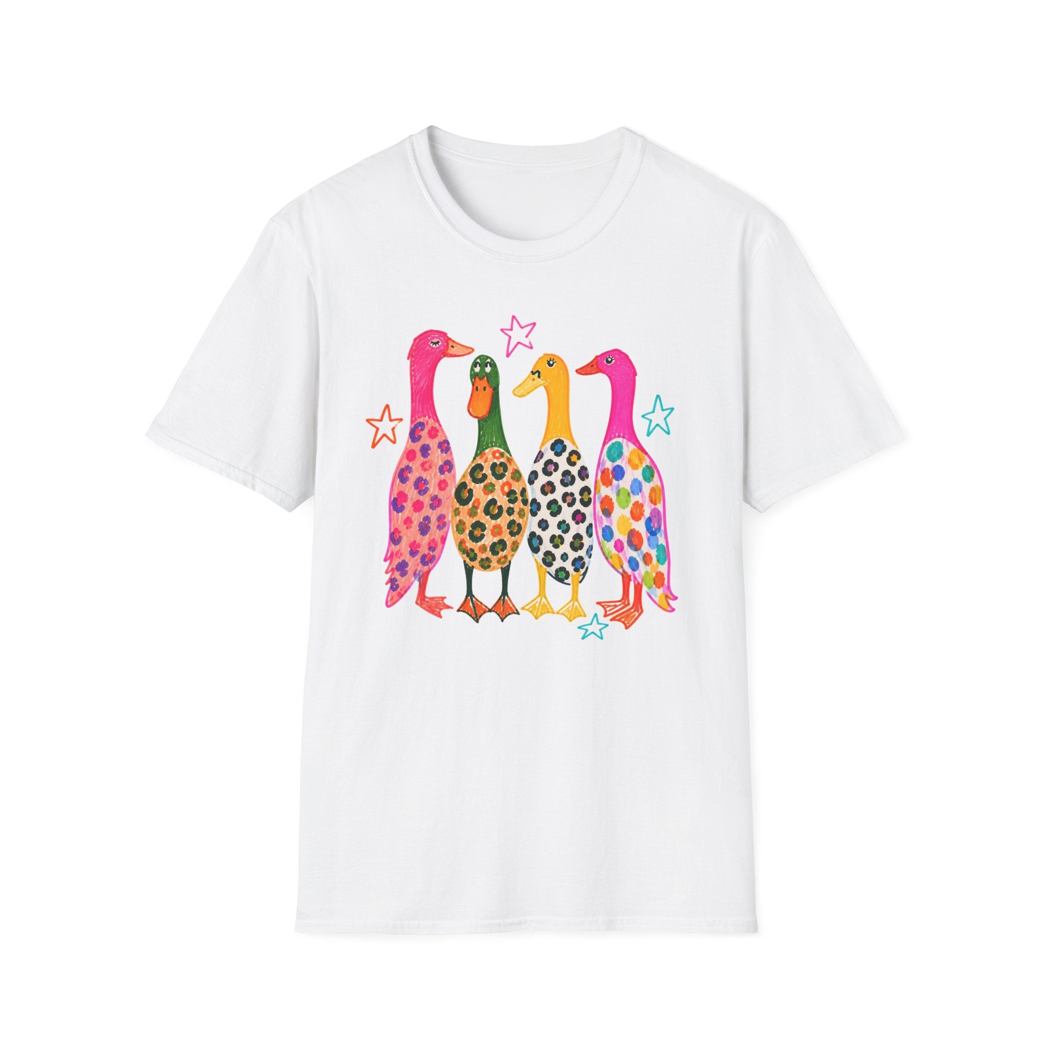 Colorful Patterned Ducks T-Shirt — Whimsical Rainbow Duck Graphic Tee
