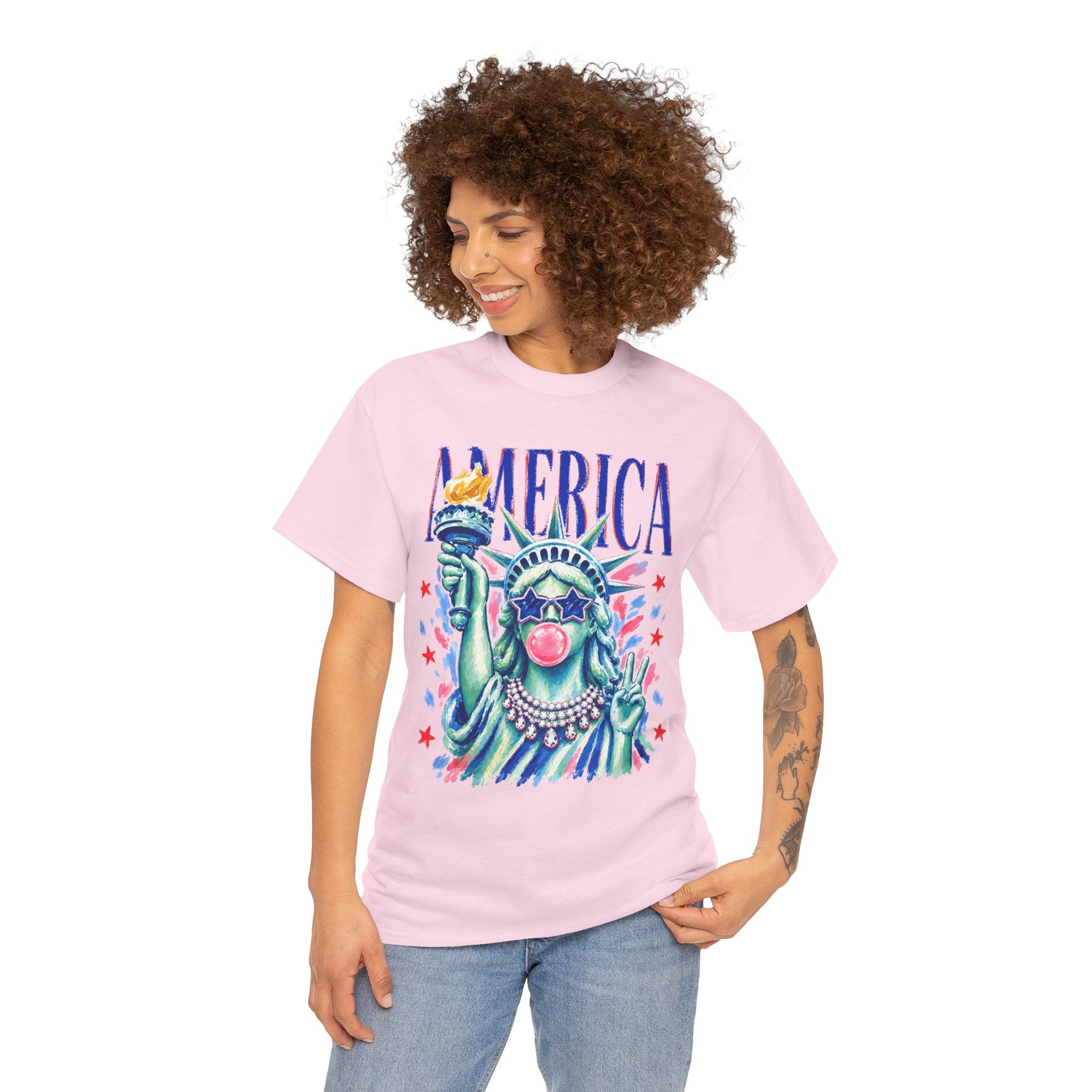 Statue of Liberty Bubblegum Tee — "America" Patriotic Graphic T-Shirt