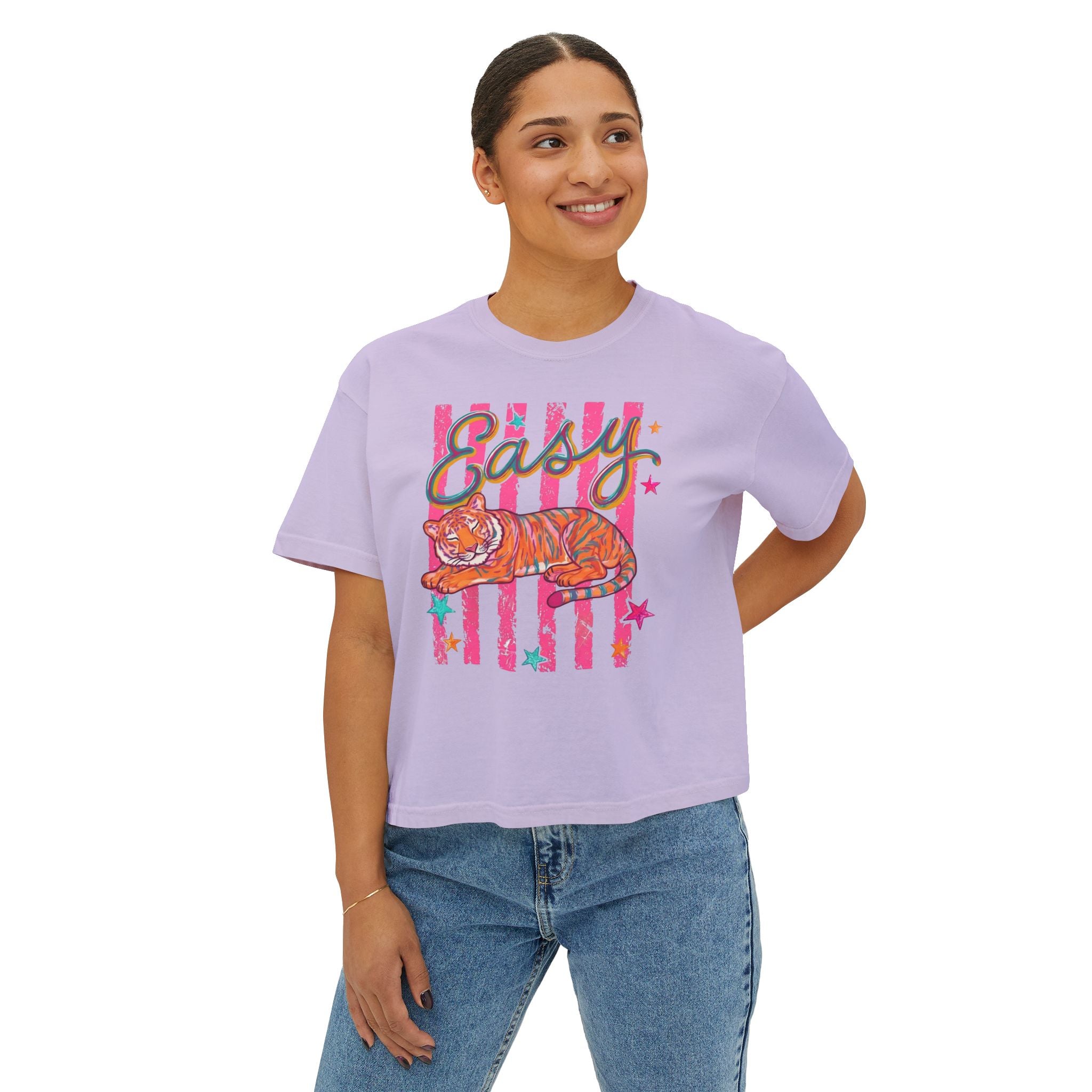 Easy Tiger Boxy Tee — Retro Striped Floral Tiger Graphic Women’s Shirt
