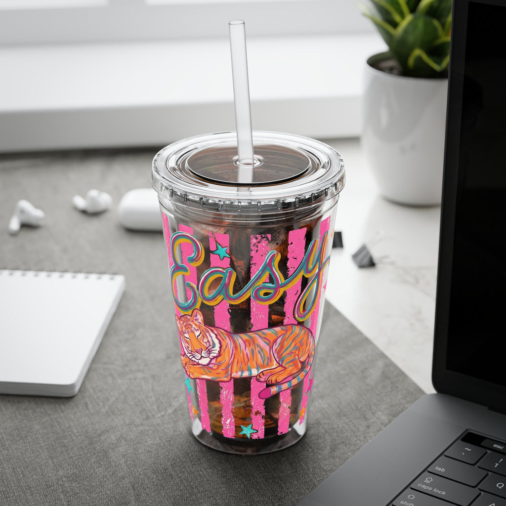 Easy Tiger 16oz Acrylic Tumbler with Straw — Colorful Retro Stripe Design