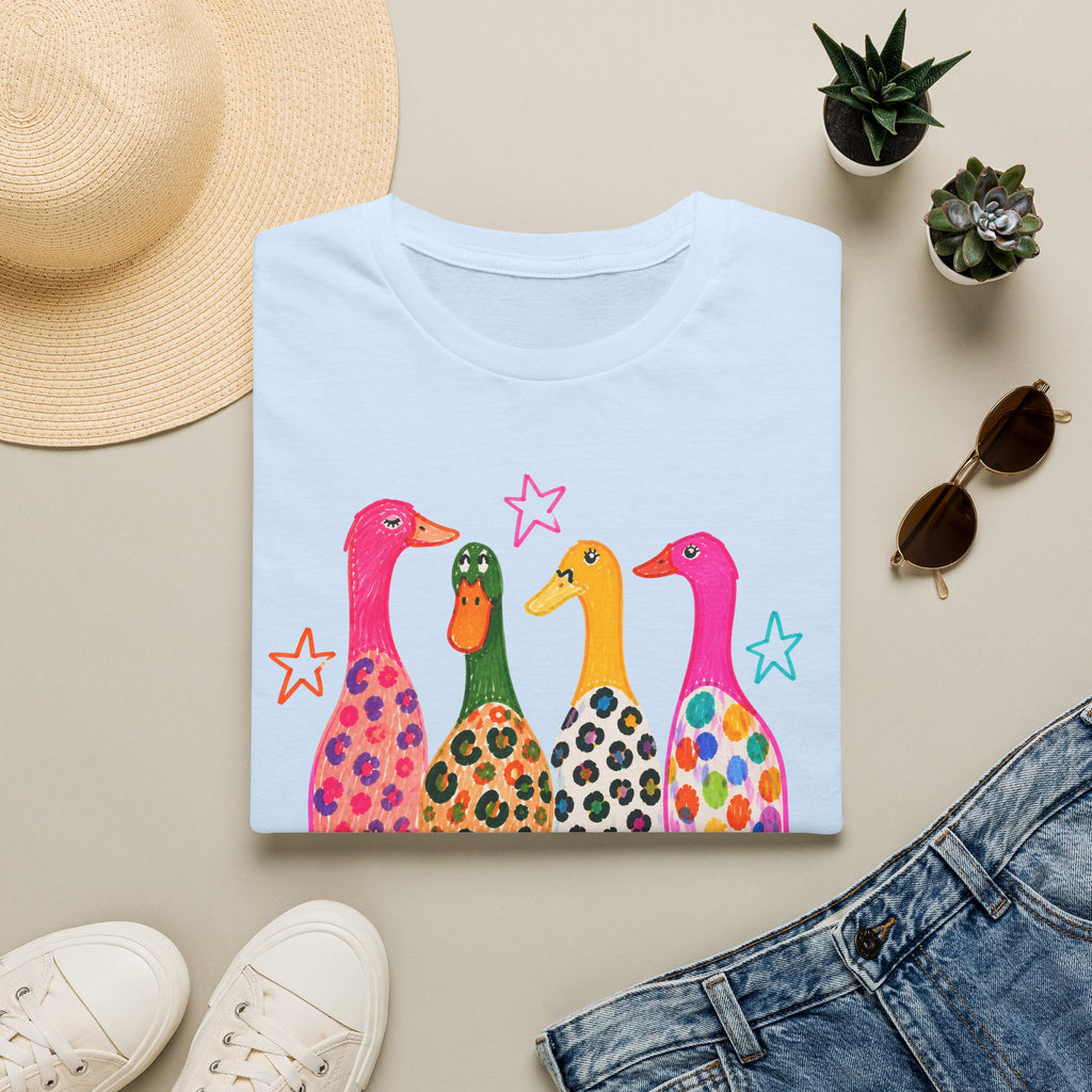 Colorful Patterned Ducks T-Shirt — Whimsical Rainbow Duck Graphic Tee