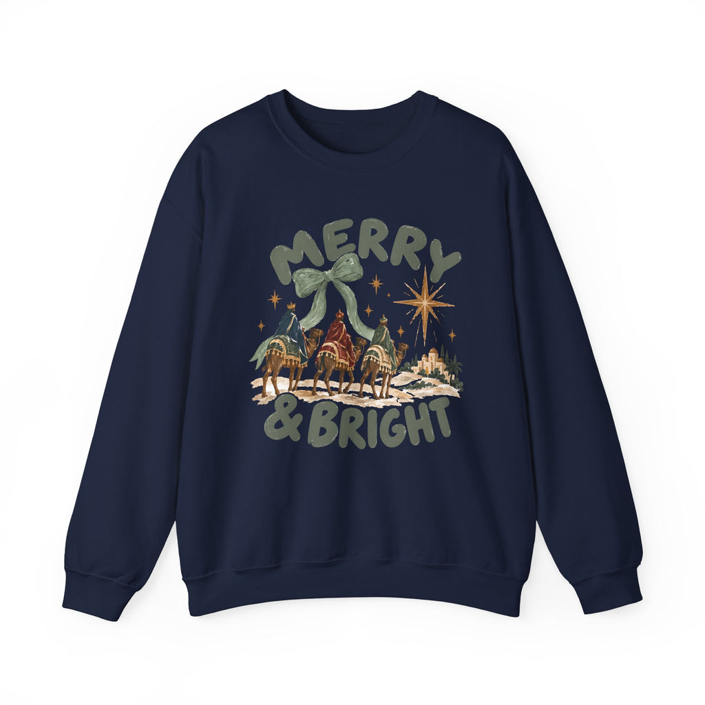 Merry & Bright Crewneck Sweatshirt — Vintage Camel Nativity Holiday Pullover