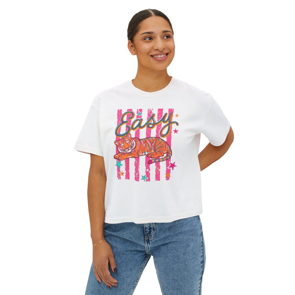 Easy Tiger Boxy Tee — Retro Striped Floral Tiger Graphic Women’s Shirt