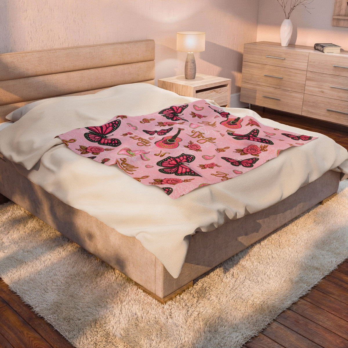 Dolly Butterfly & Guitar Velveteen Plush Blanket