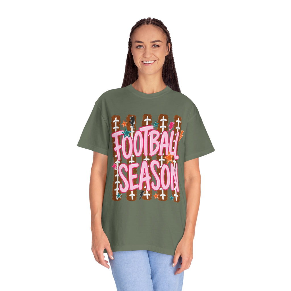 Football Season T-Shirt — Playful Pink Script on Football Field Graphic