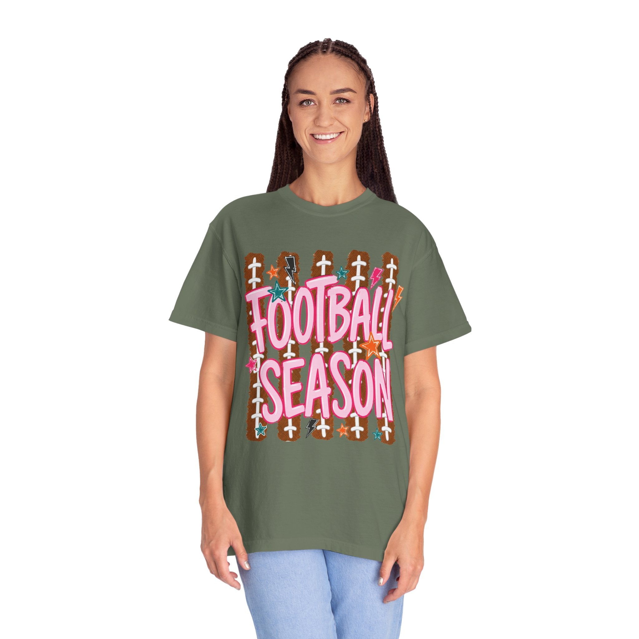 Football Season T-Shirt — Playful Pink Script on Football Field Graphic