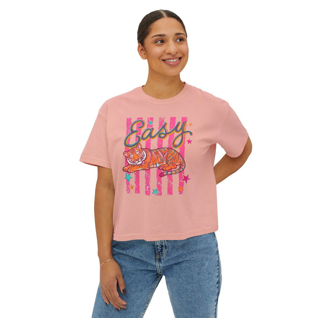 Easy Tiger Boxy Tee — Retro Striped Floral Tiger Graphic Women’s Shirt