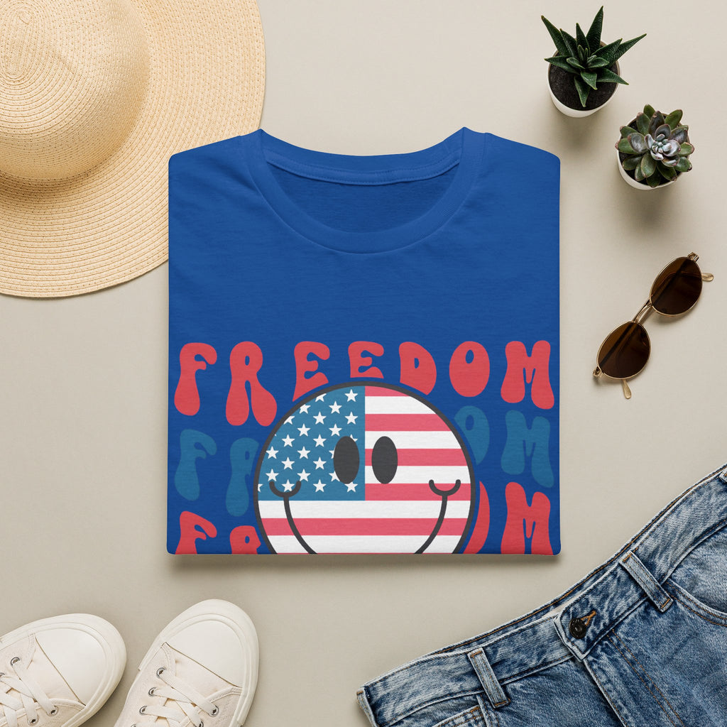 Freedom Smiley T-Shirt — American Flag Retro Graphic Tee for 4th of July