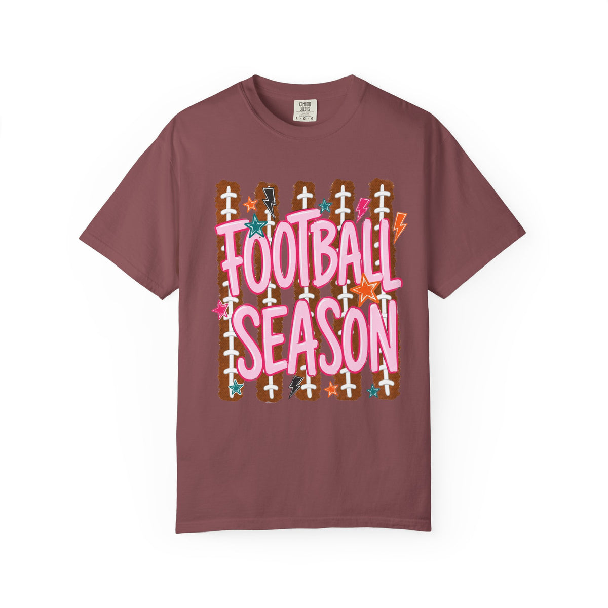 Football Season T-Shirt — Playful Pink Script on Football Field Graphic