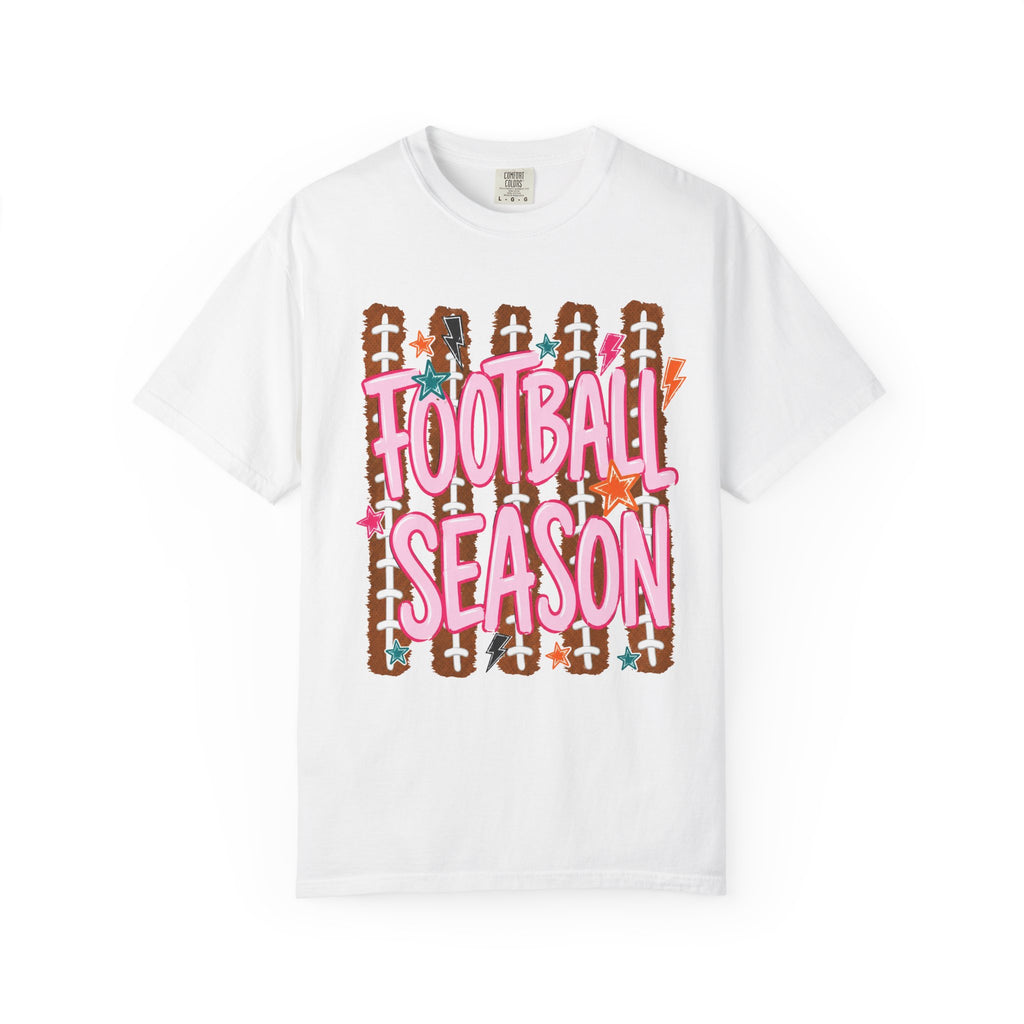 Football Season T-Shirt — Playful Pink Script on Football Field Graphic