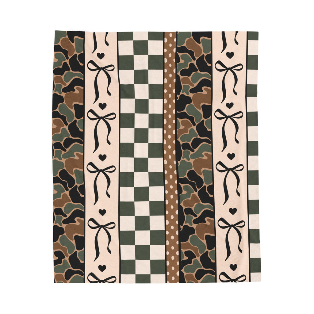 Camouflage & Checker Velveteen Plush Blanket — Cozy Ribbon Stripe Throw