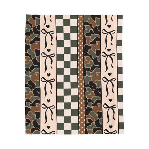 Camouflage & Checker Velveteen Plush Blanket — Cozy Ribbon Stripe Throw