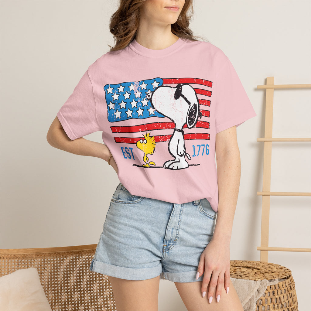 Snoopy & Woodstock American Flag T-Shirt — EST 1776 Patriotic Tee