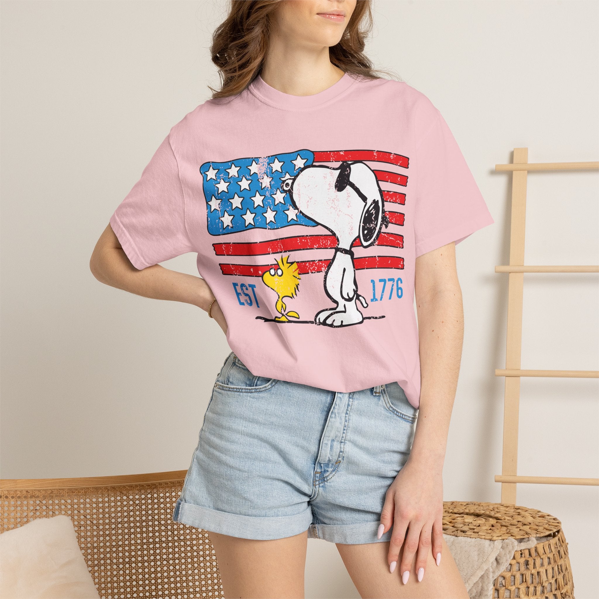 Snoopy & Woodstock American Flag T-Shirt — EST 1776 Patriotic Tee