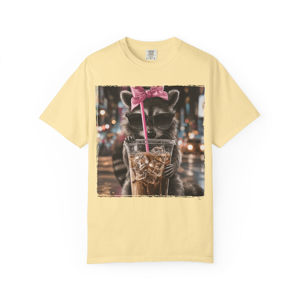 Raccoon Drinking Iced Coffee T-Shirt – Cute Nighttime City Vibe
