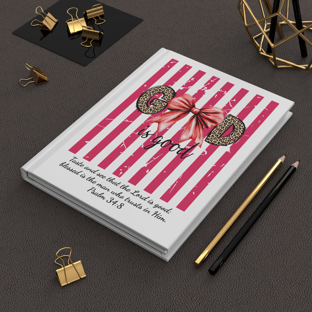 God Is Good Hardcover Journal — Pink Stripes, Leopard Bow Christian Notebook (Psalm 34:8)