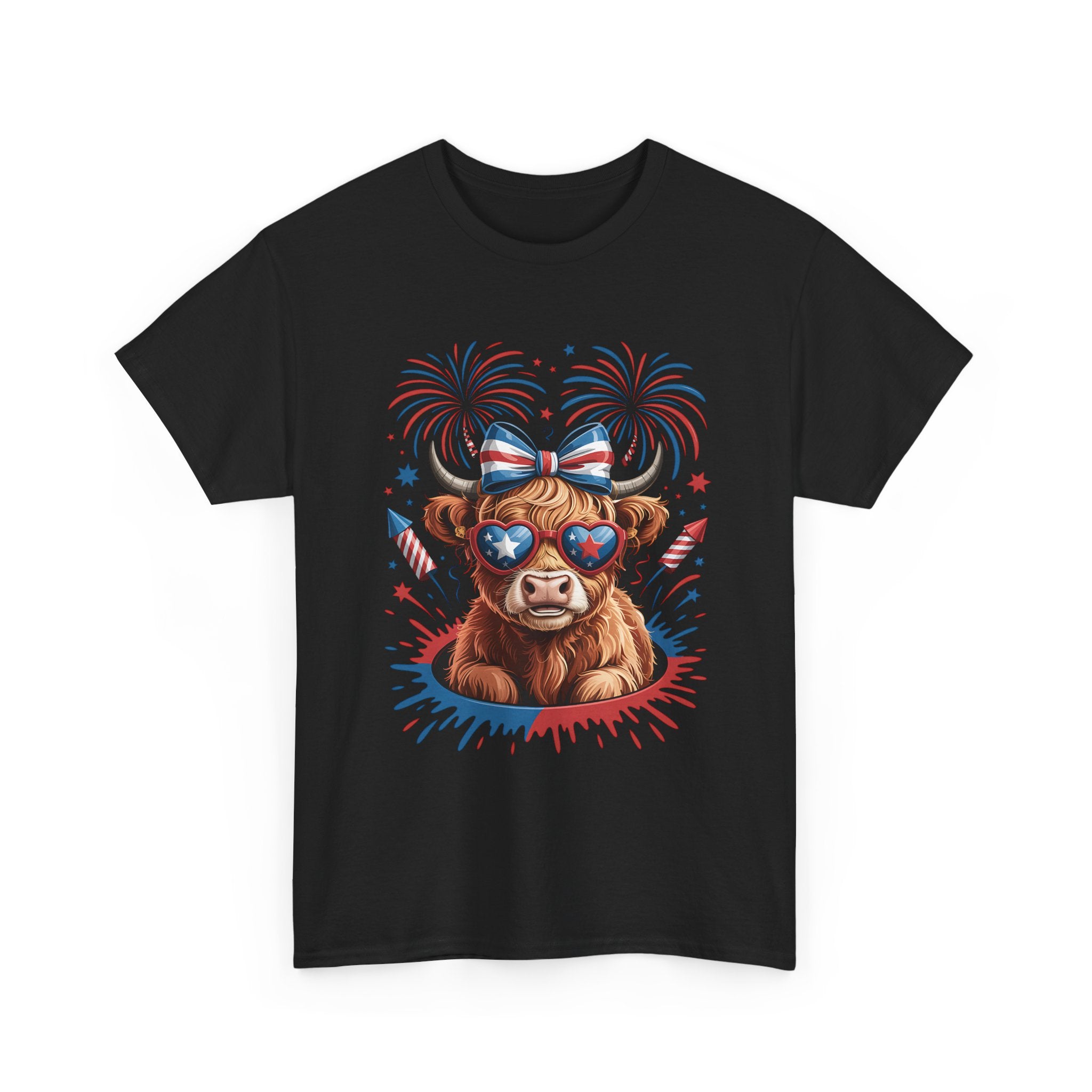 Cow with Sunglasses Patriotic T-Shirt — 4th of July Fireworks Tee