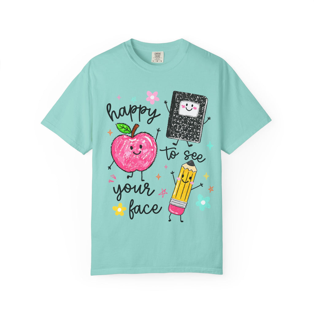Happy To See Your Face T-Shirt — Cute Apple, Pencil & Notebook Back-to-School Tee