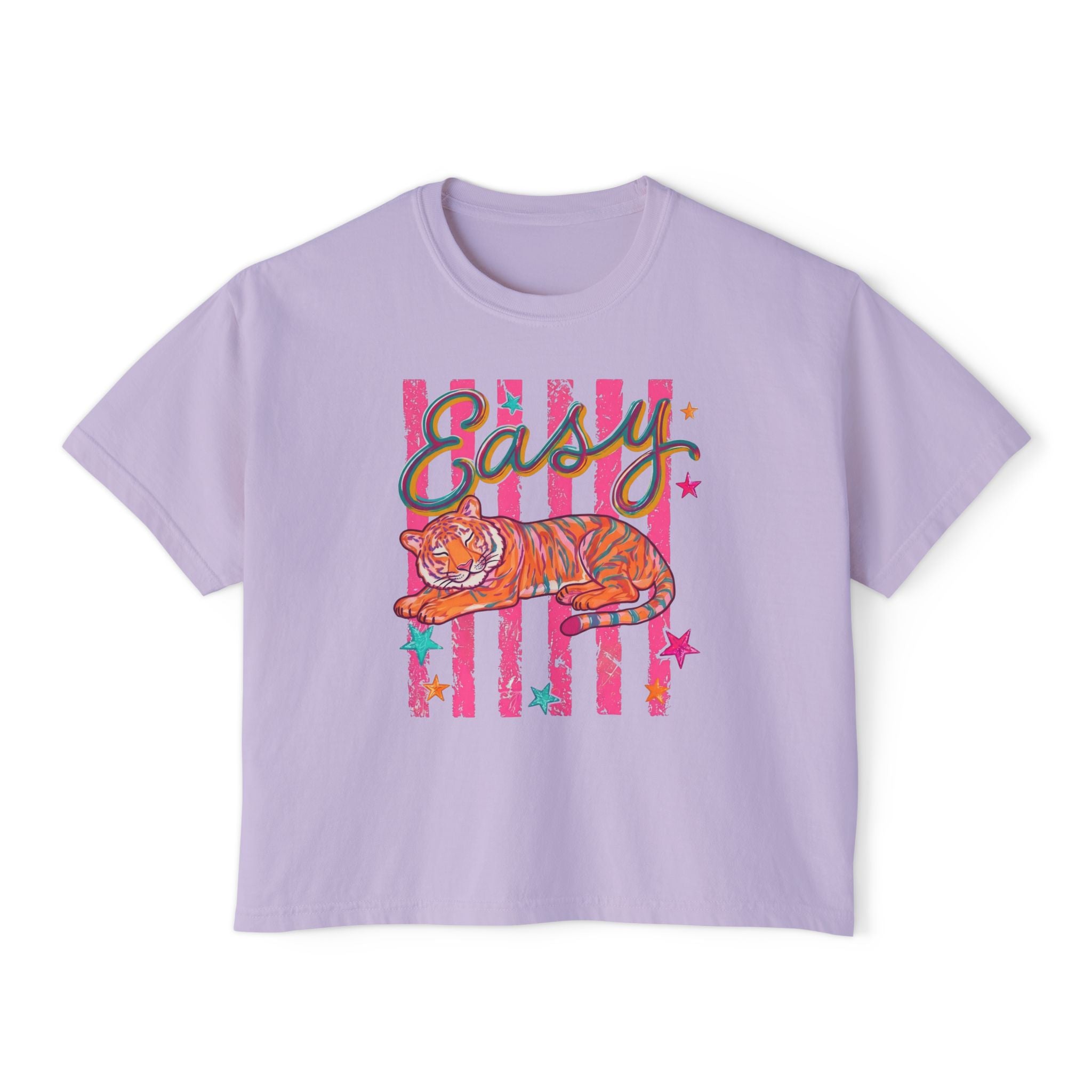 Easy Tiger Boxy Tee — Retro Striped Floral Tiger Graphic Women’s Shirt