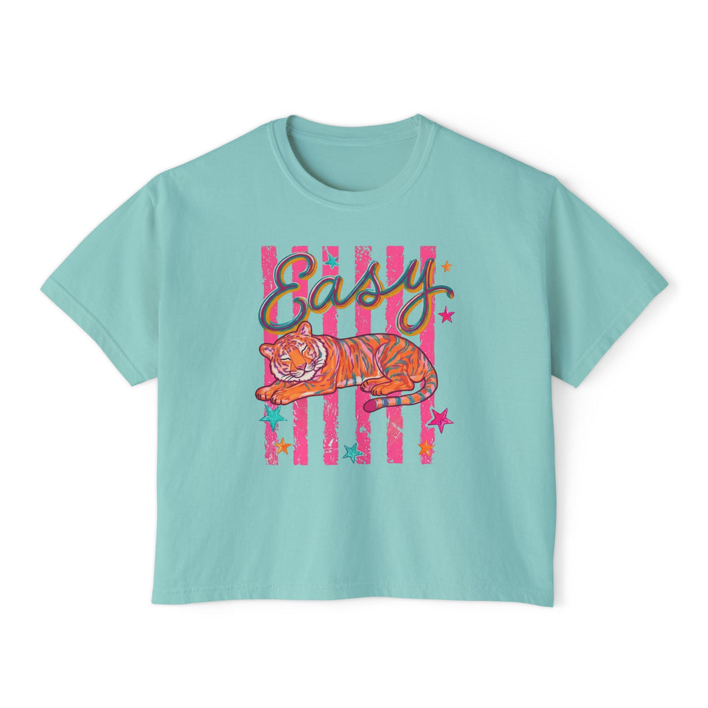 Easy Tiger Boxy Tee — Retro Striped Floral Tiger Graphic Women’s Shirt