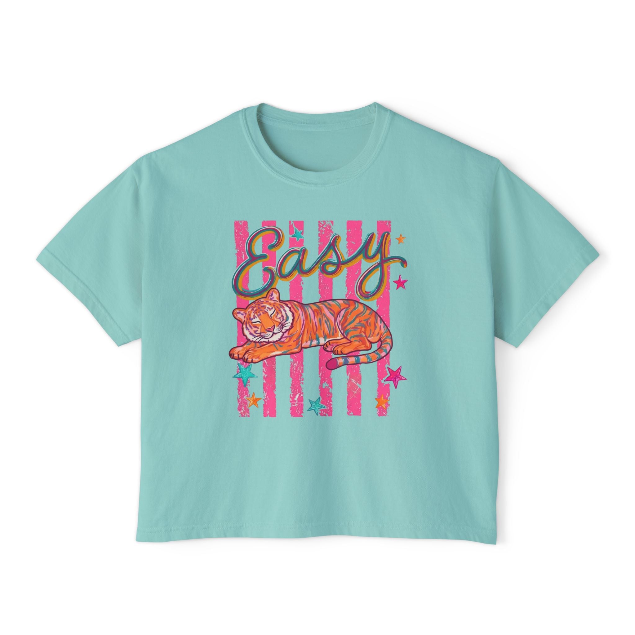 Easy Tiger Boxy Tee — Retro Striped Floral Tiger Graphic Women’s Shirt
