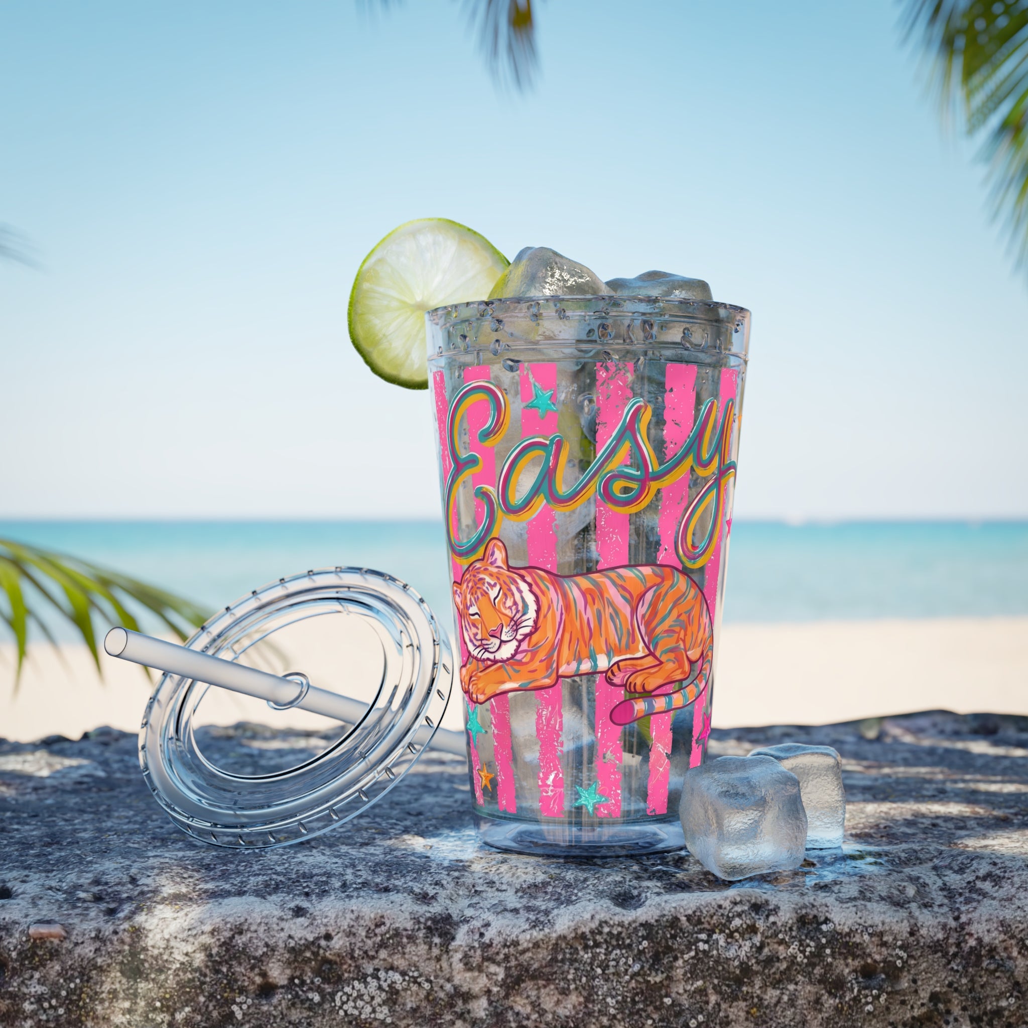 Easy Tiger 16oz Acrylic Tumbler with Straw — Colorful Retro Stripe Design
