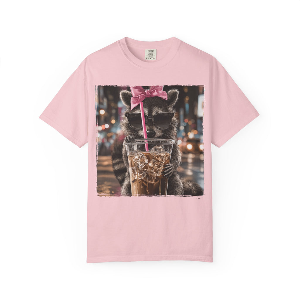 Raccoon Drinking Iced Coffee T-Shirt – Cute Nighttime City Vibe