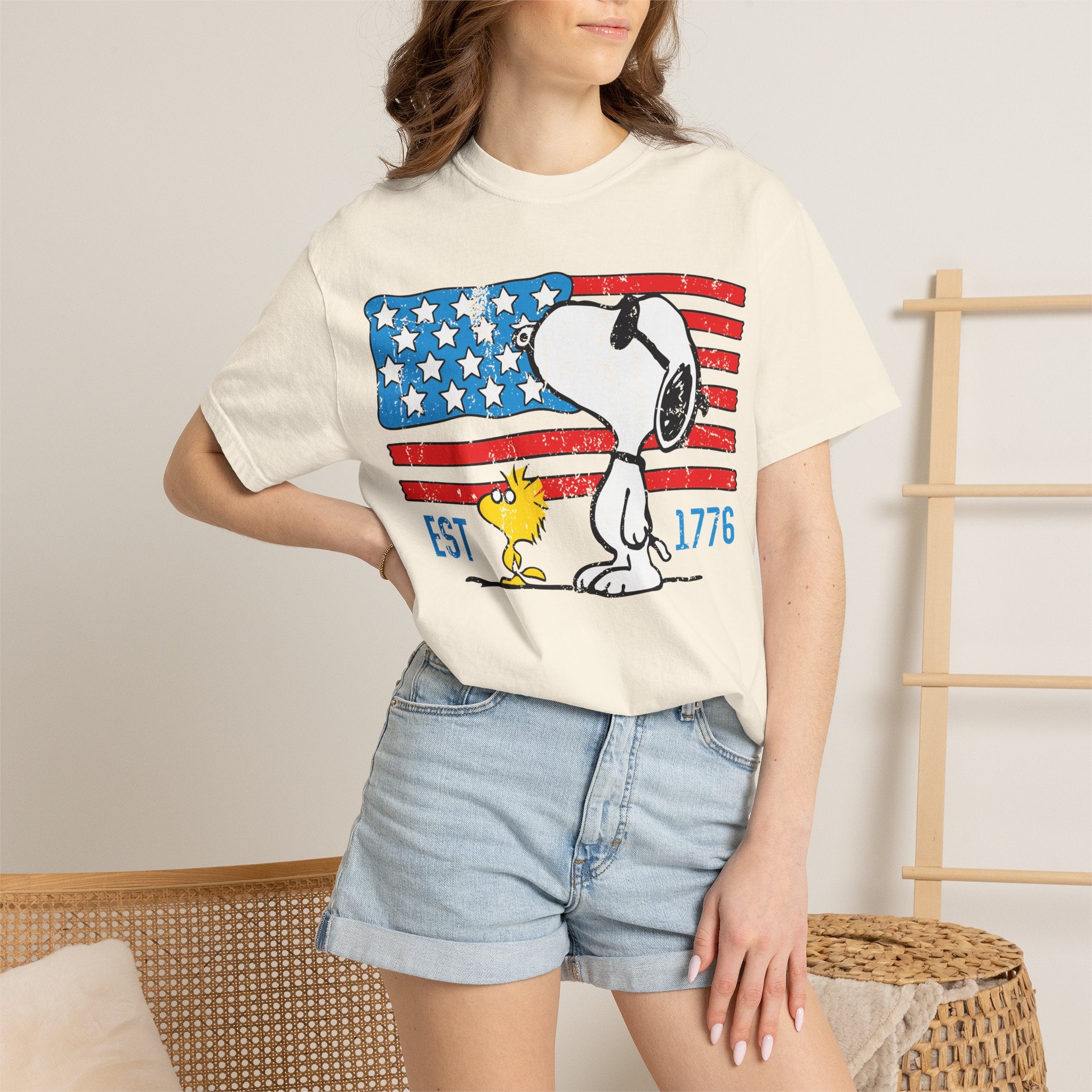 Snoopy & Woodstock American Flag T-Shirt — EST 1776 Patriotic Tee