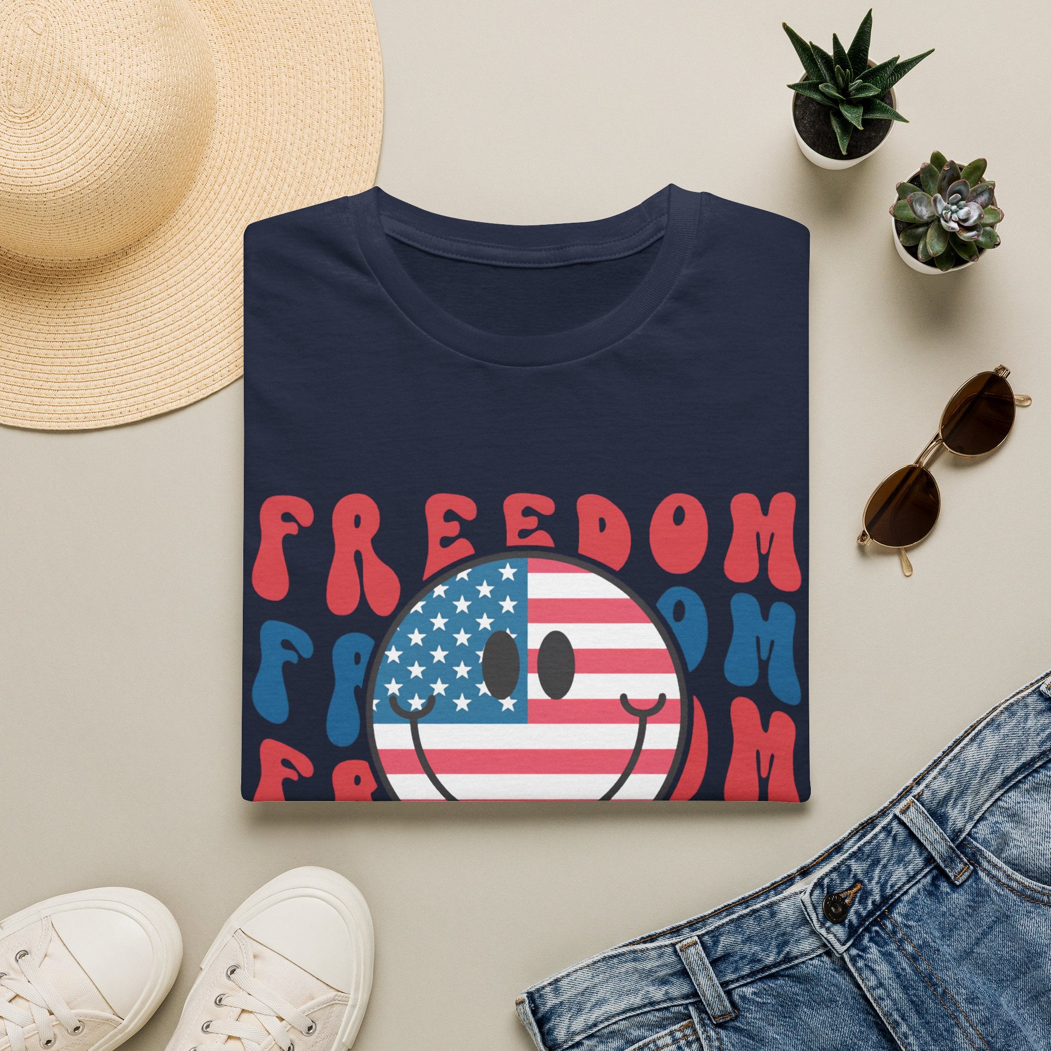 Freedom Smiley T-Shirt — American Flag Retro Graphic Tee for 4th of July