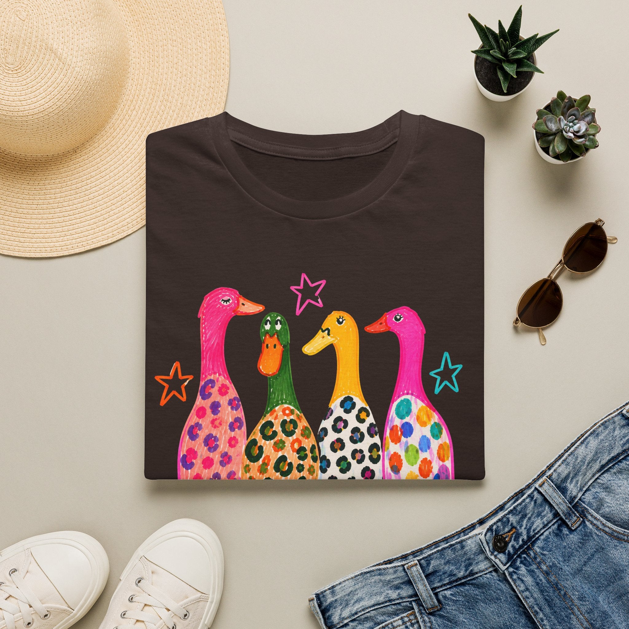 Colorful Patterned Ducks T-Shirt — Whimsical Rainbow Duck Graphic Tee
