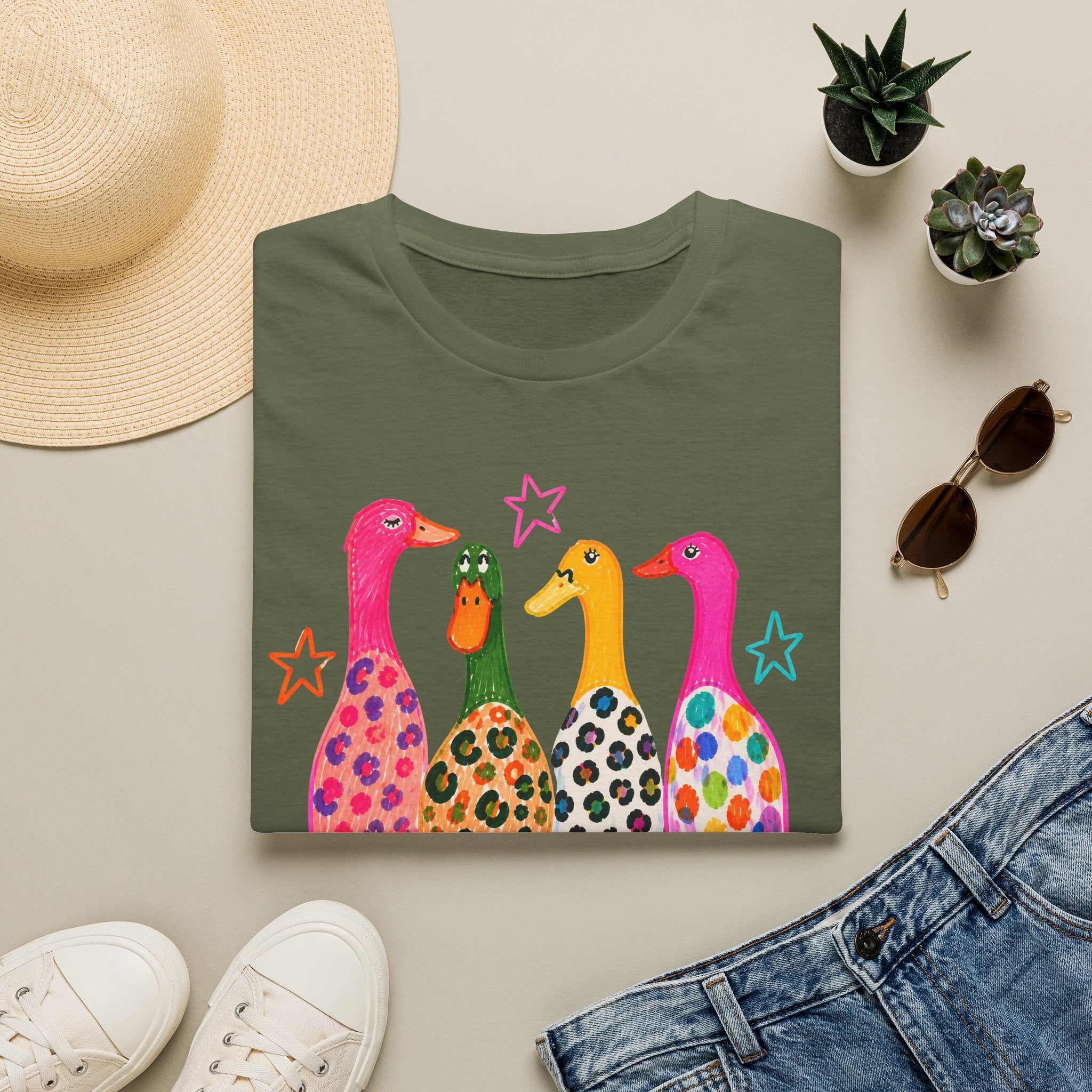 Colorful Patterned Ducks T-Shirt — Whimsical Rainbow Duck Graphic Tee