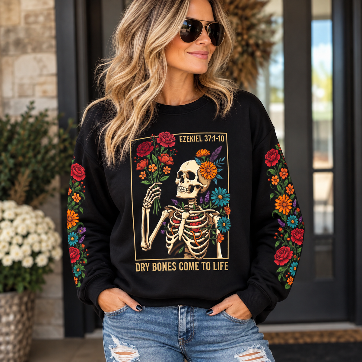 Dry Bones Come to Life Crewneck Sweatshirt — Ezekiel 37:1-10 Floral Skeleton Graphic