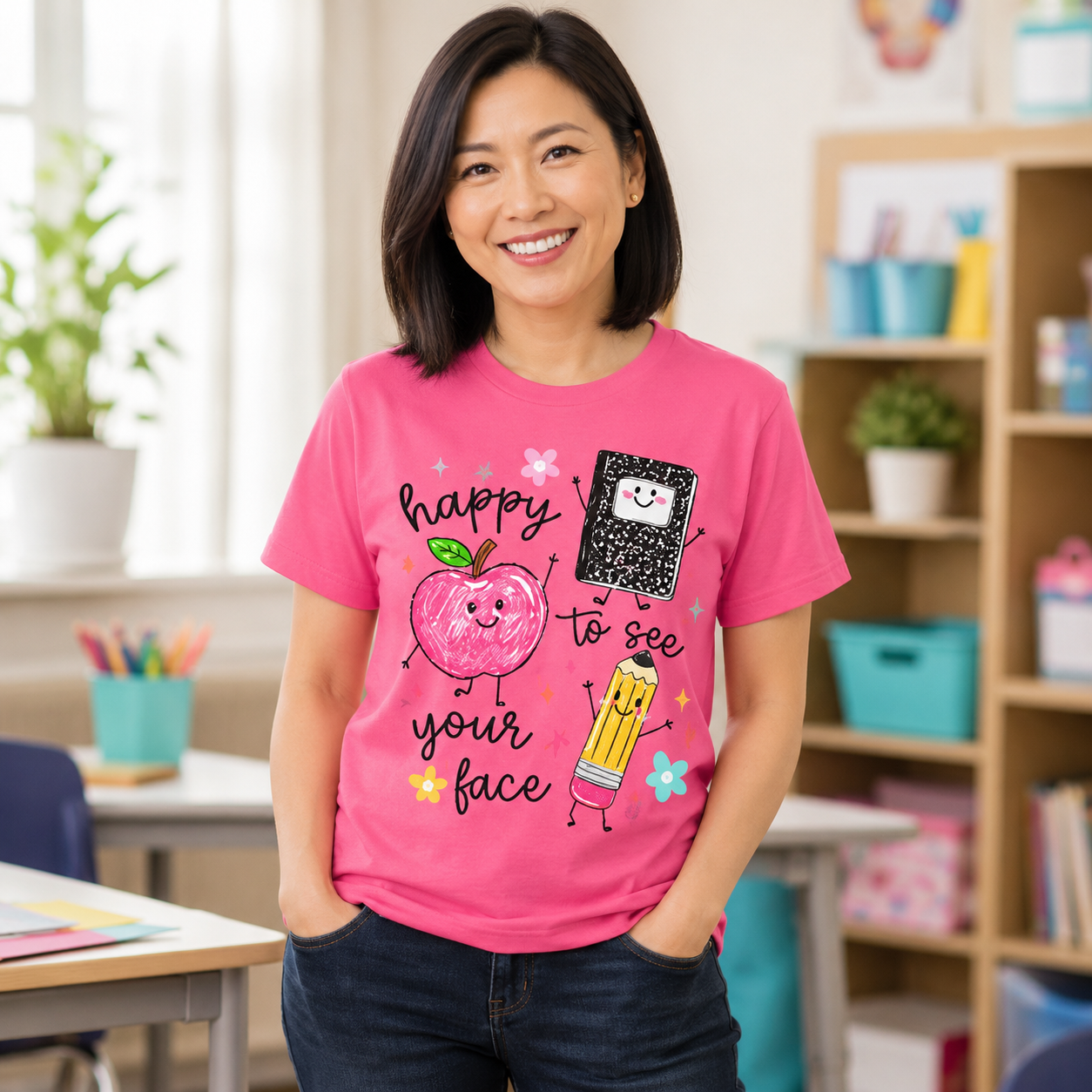 Happy To See Your Face T-Shirt — Cute Apple, Pencil & Notebook Back-to-School Tee