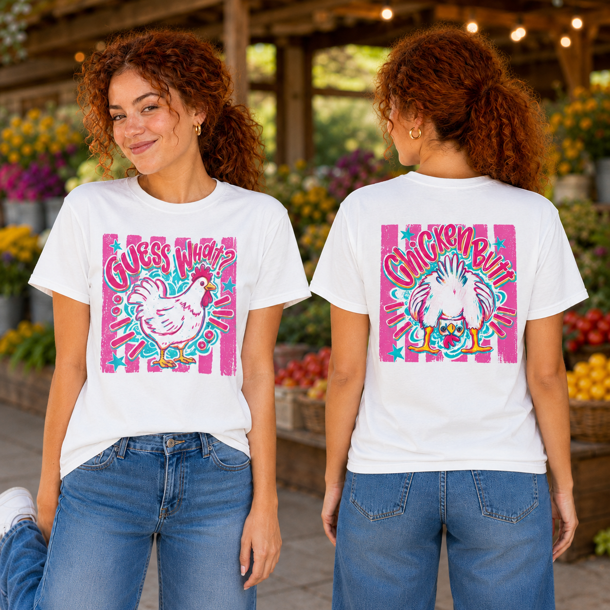 Chicken Butt Graphic Tee — "Guess What? Chicken Butt" Funny Retro Pink Shirt