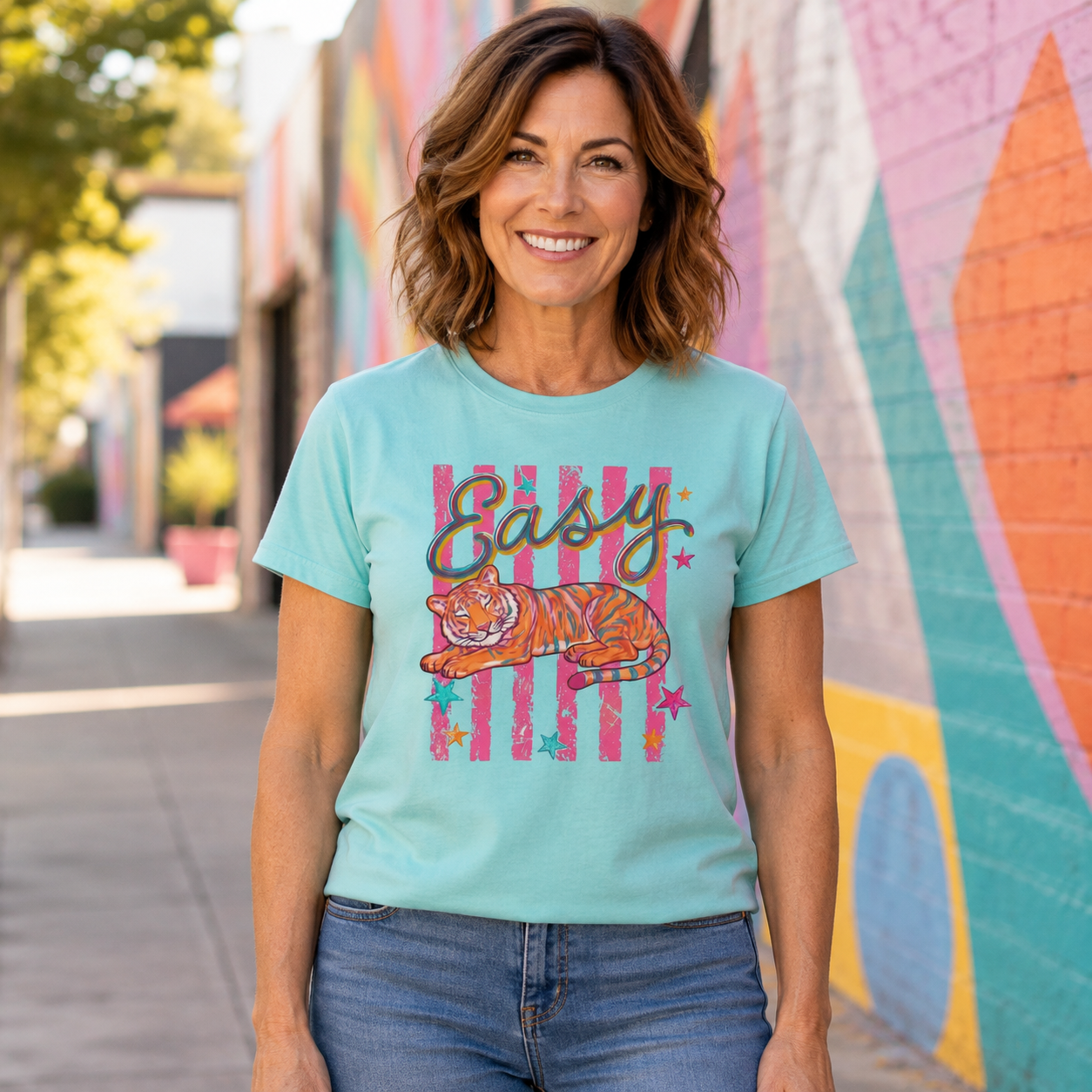 Easy Tiger Boxy Tee — Retro Striped Floral Tiger Graphic Women’s Shirt