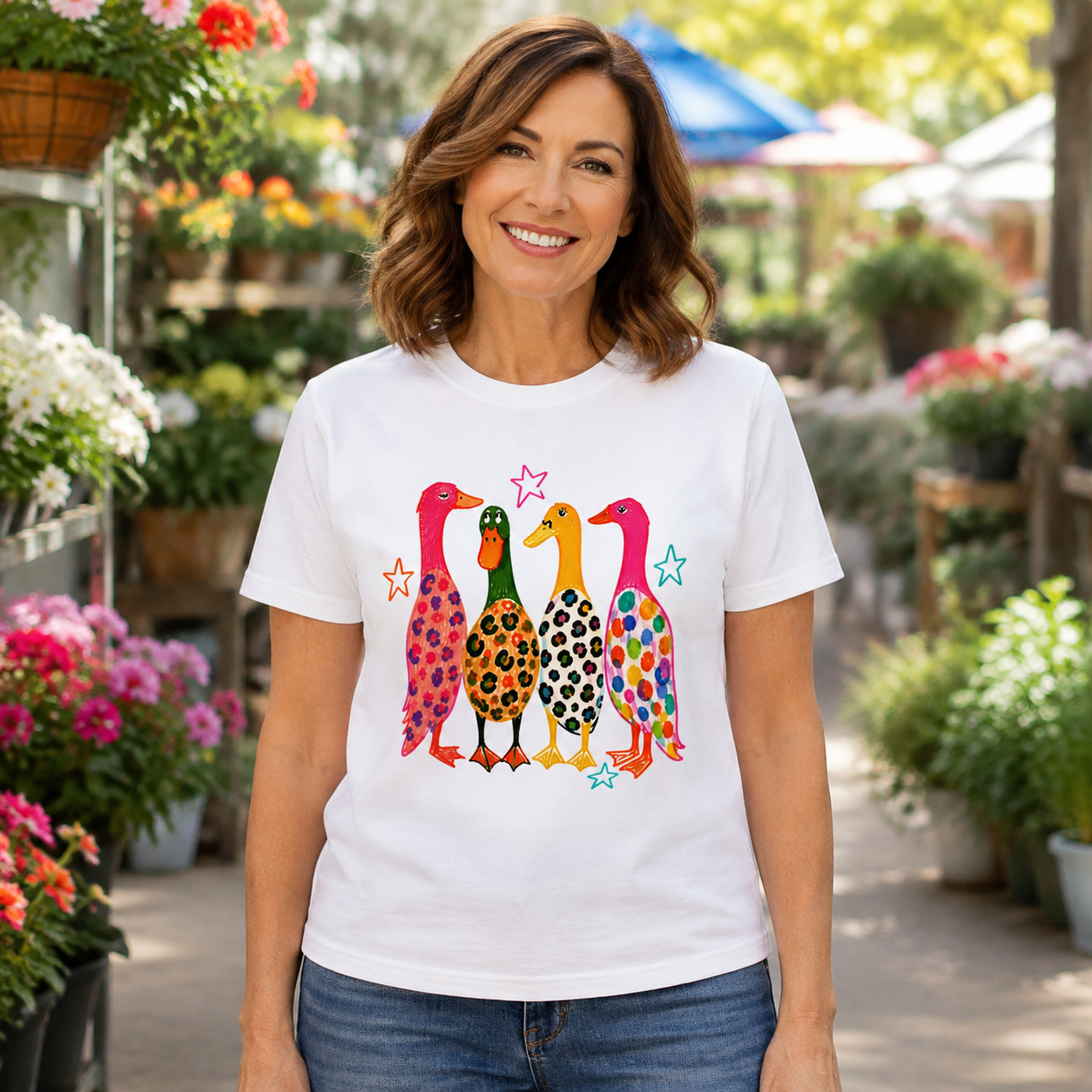 Colorful Patterned Ducks T-Shirt — Whimsical Rainbow Duck Graphic Tee
